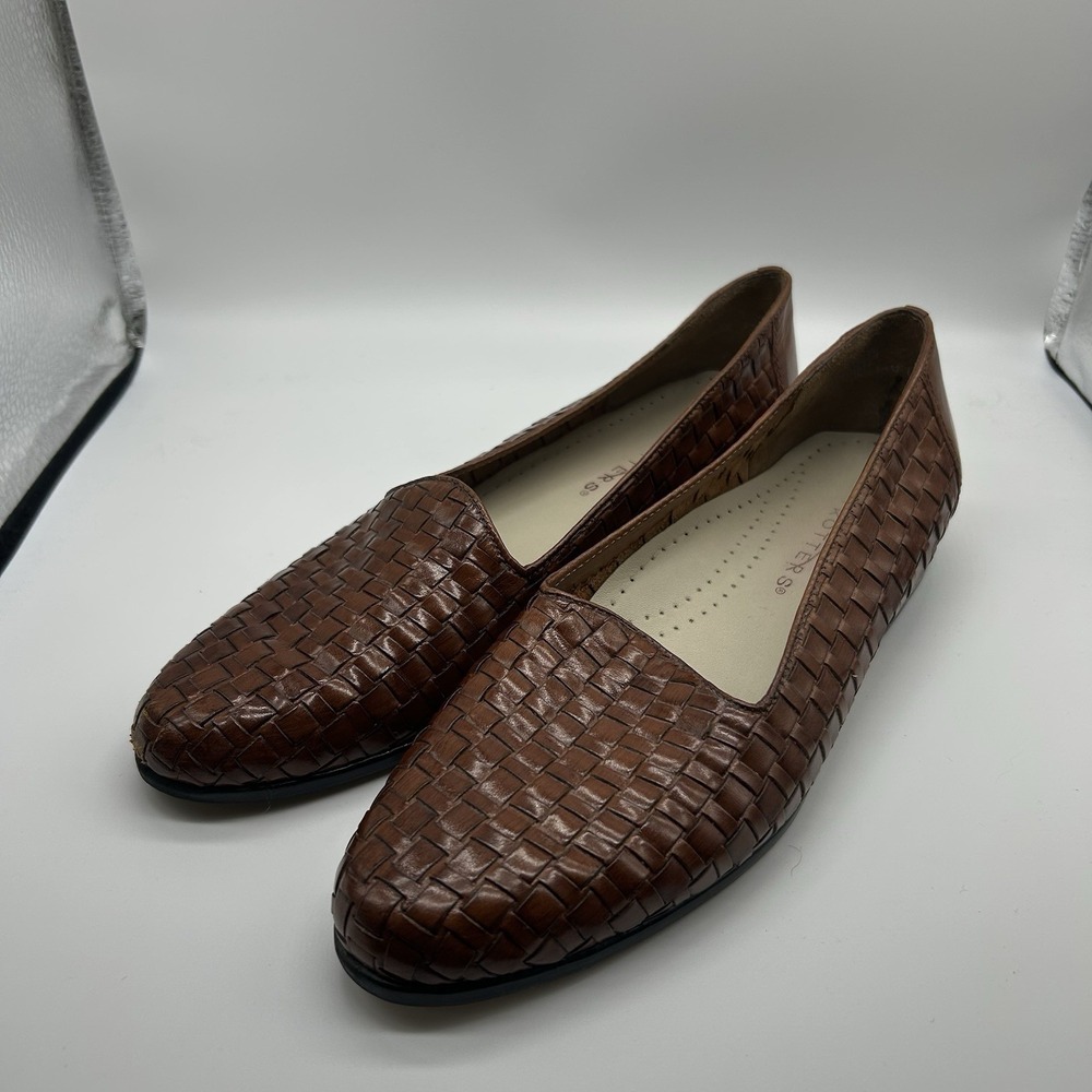 Vtg Trotters Woven Leather Loafers Women 8 Brown Basketweave Flats Minimalist